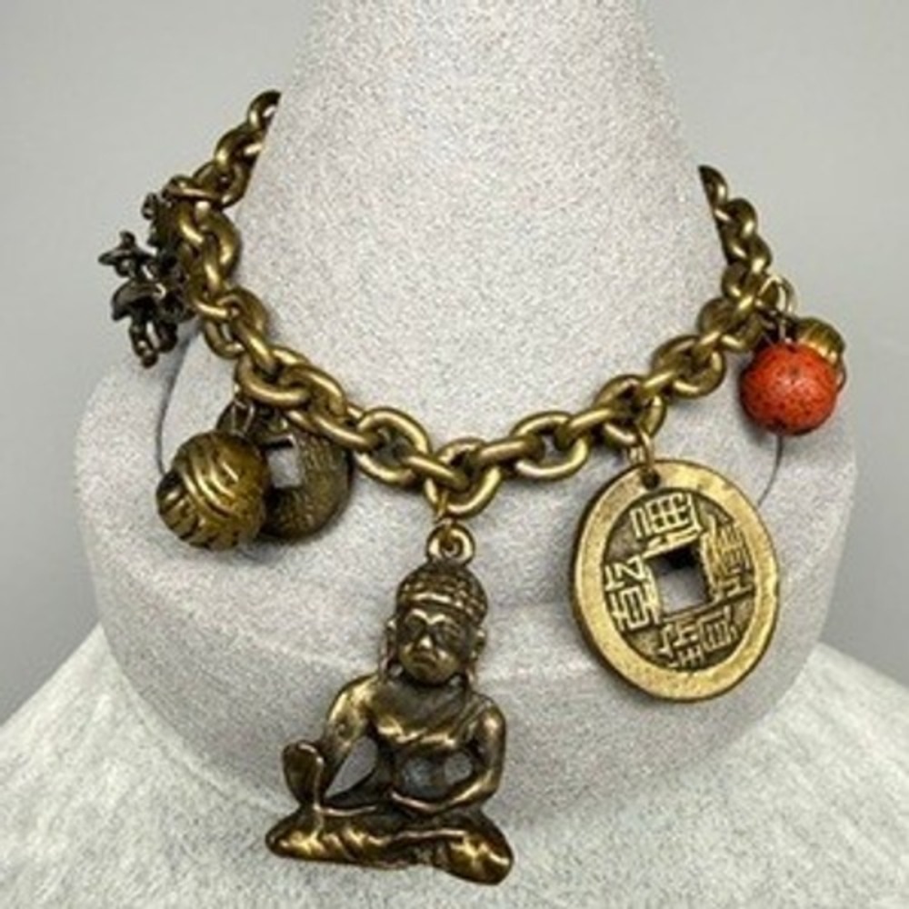 Vintage Brass Tone Asian Motif Charm Bracelet 6.5" Buddha Rickshaw Dangles